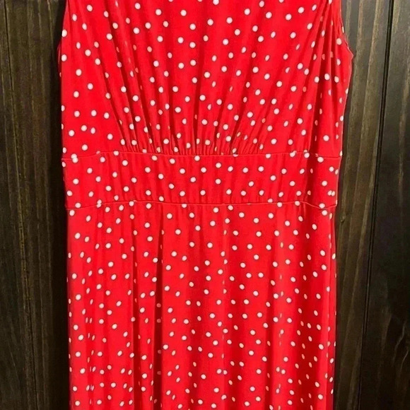 LONDON TIMES Sleeveless Flare Midi Dress Red with White Polkadots-Size: US 8 - Picture 10 of 10